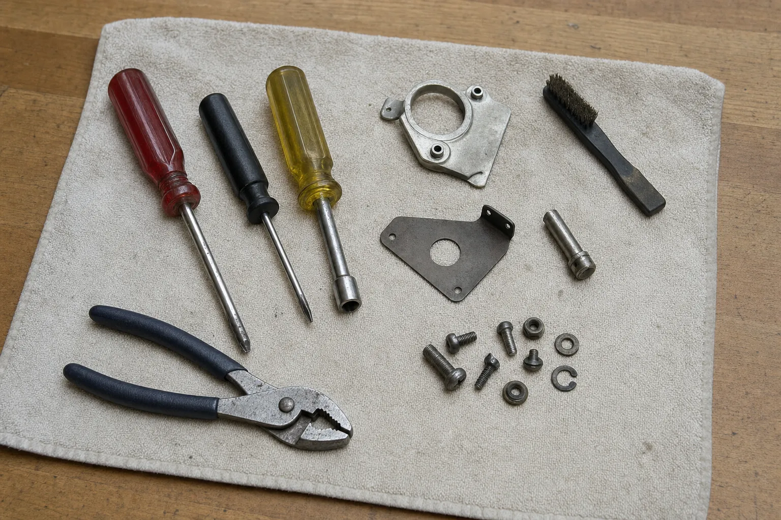 Red and black screwdrivers, a yellow nut driver, slip-joint pliers and a wire brush around a cast mounting plate, a tabbed steel plate, a pin and an E-clip