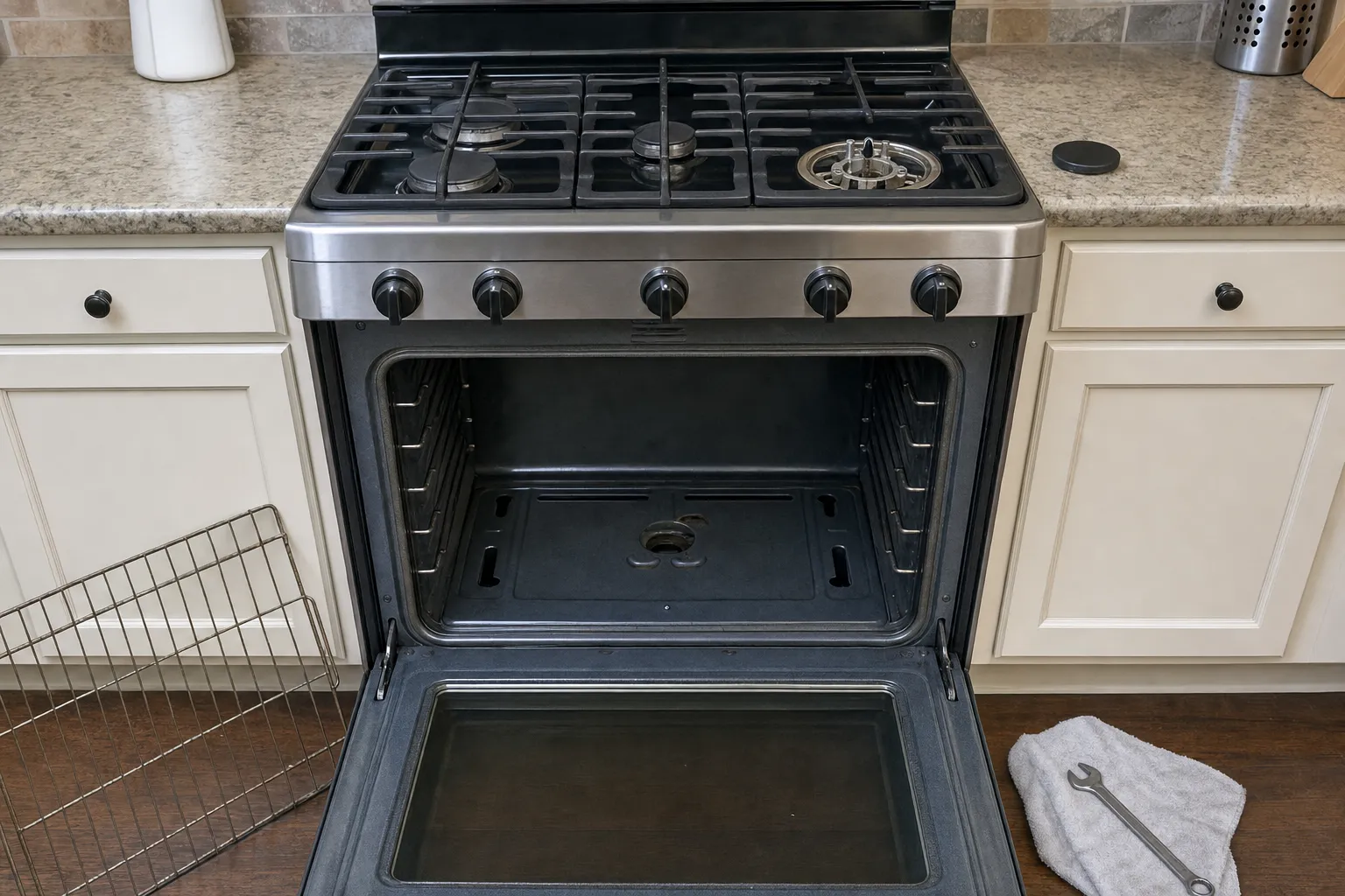 Gas range with five black knobs in cream cabinets, one burner uncapped, the oven floor showing its burner opening and a wrench on the floor