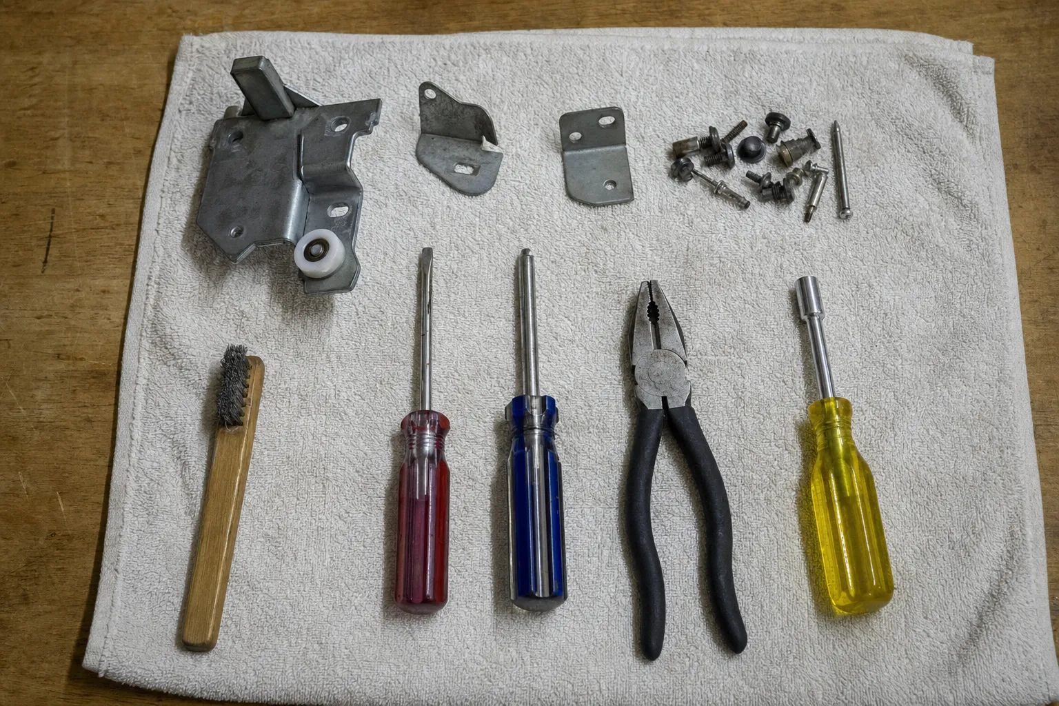 A hinge bracket with a white roller, two angle brackets, pins and screws above a wire brush, red and blue screwdrivers, pliers and a yellow nut driver